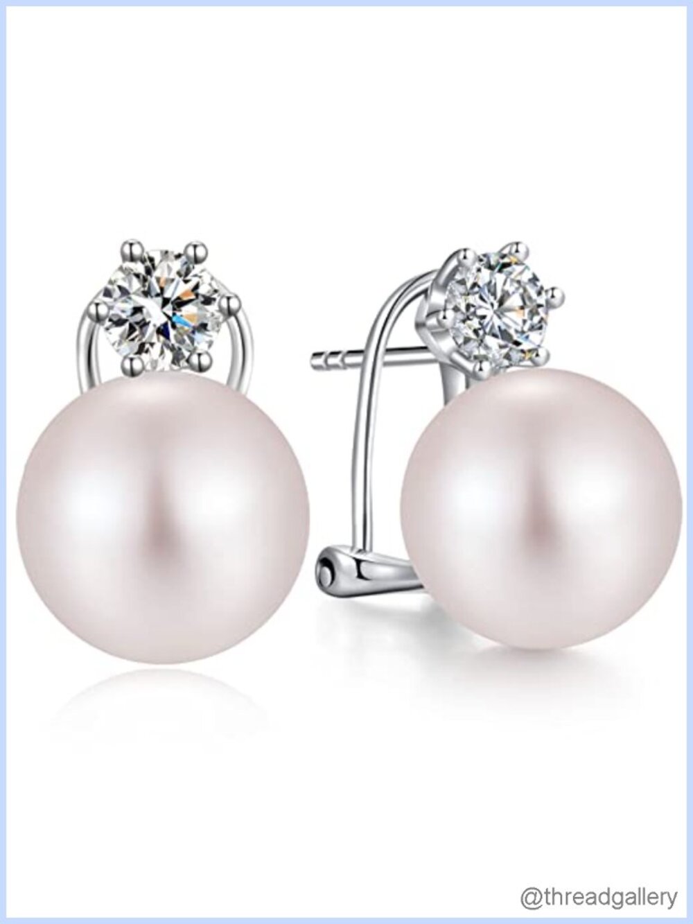 Large Pearl Stud Earrings 925 Sterling Silver Cubic Zirconia 10MM-12MM